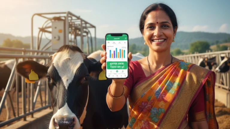 Indian dairy farmer using a mobile app to check milk procurement data near their cattle.
