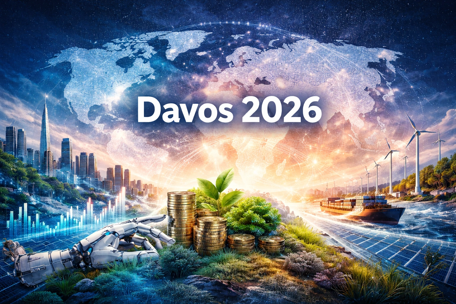 Abstract illustration for Davos 2026 showing global economic signals through a connected world map, AI technology, capital flows, renewable energy, and international trade.