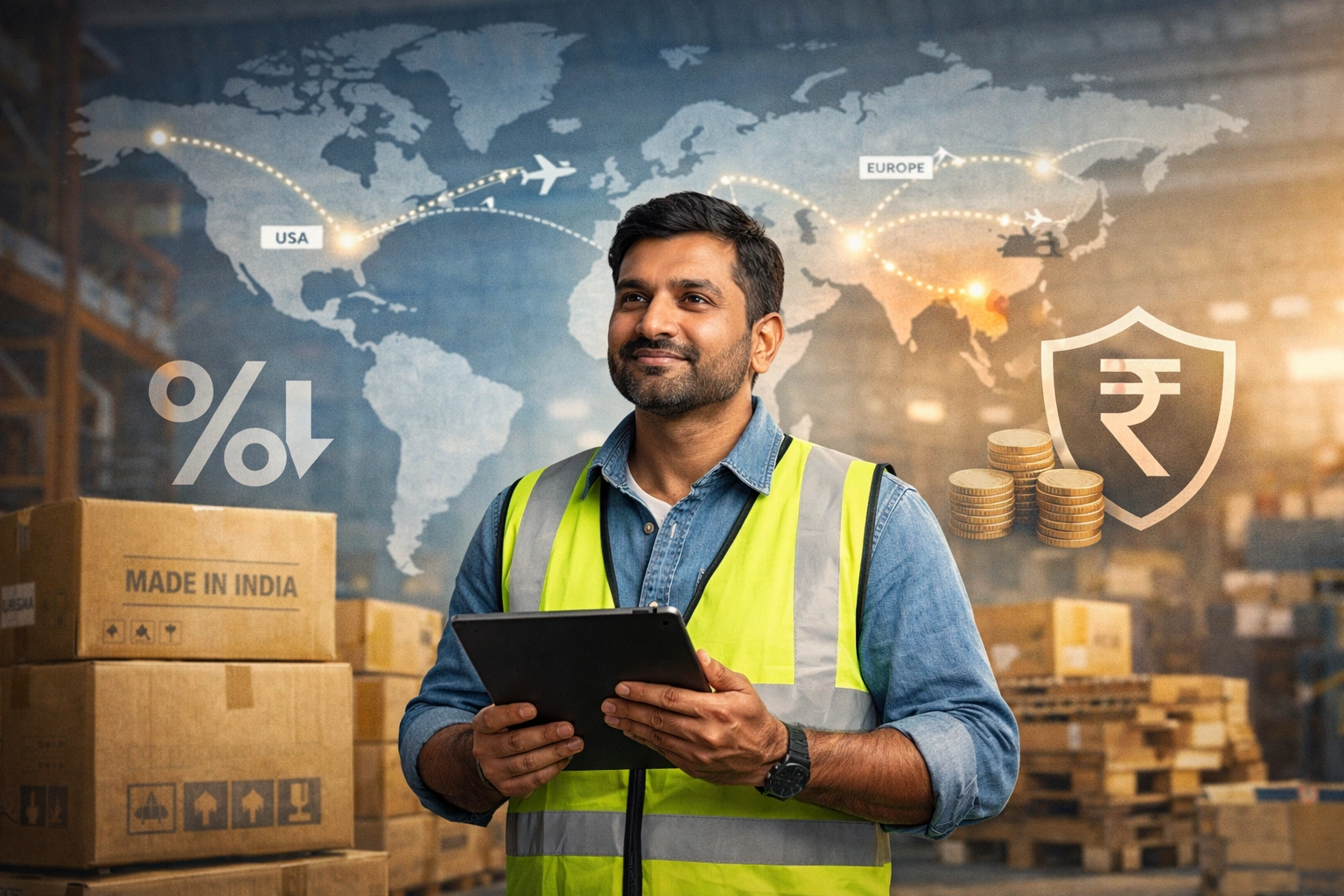 Indian MSME exporter with export goods, representing credit and collateral support for Indian exports.