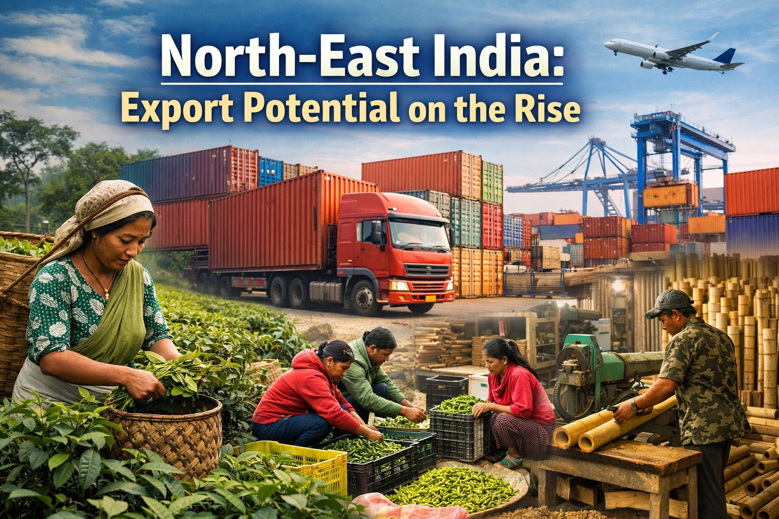 Tea, bamboo and agricultural exports from North-East India with logistics and shipping containers.