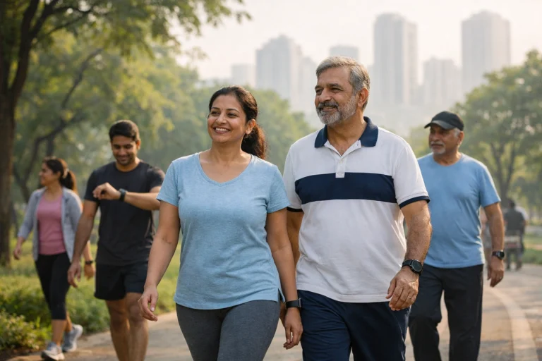 Indian adults walking in a city park during early morning, representing preventive healthcare and healthy lifestyle in urban India.