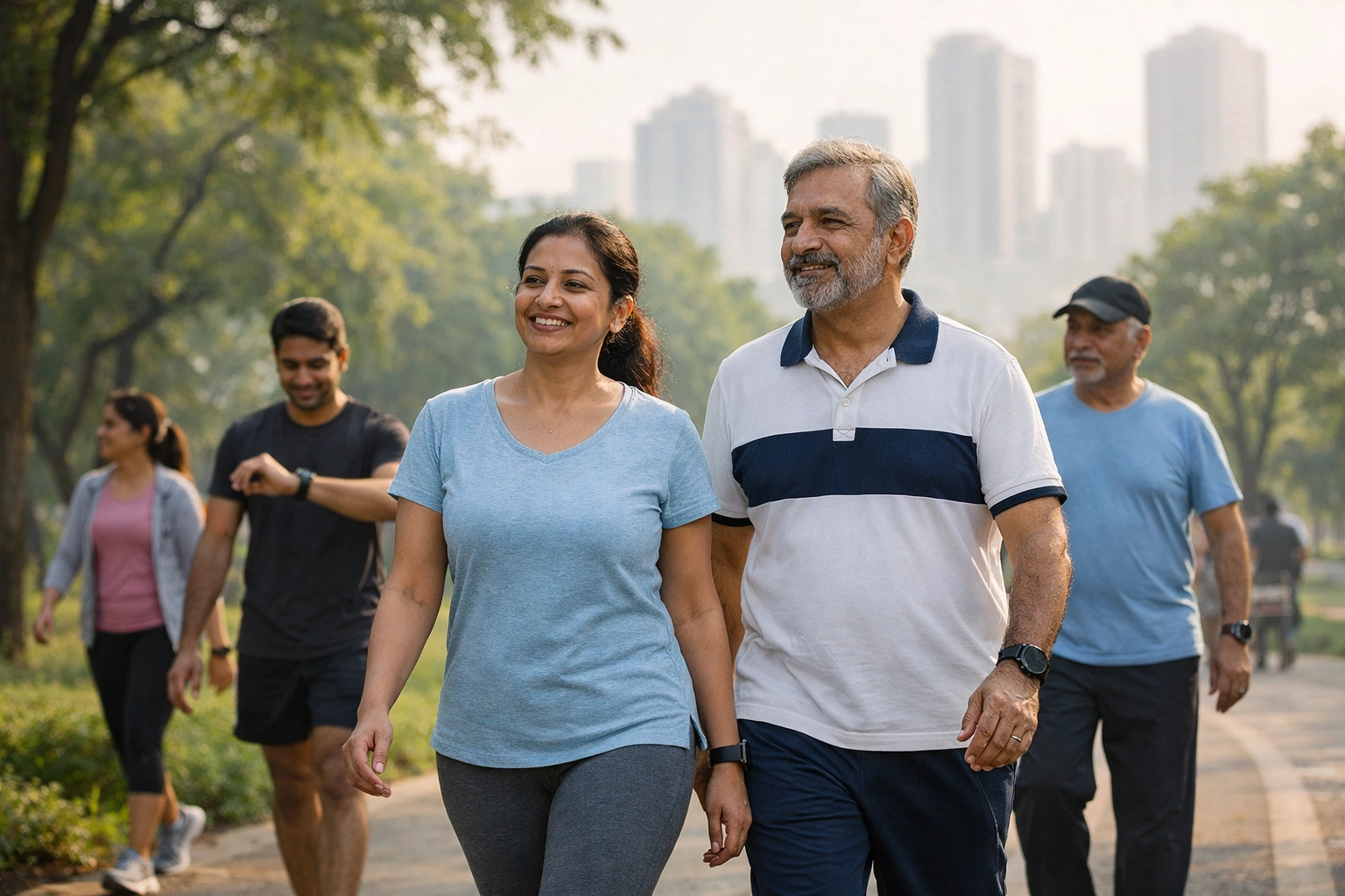 Indian adults walking in a city park during early morning, representing preventive healthcare and healthy lifestyle in urban India.