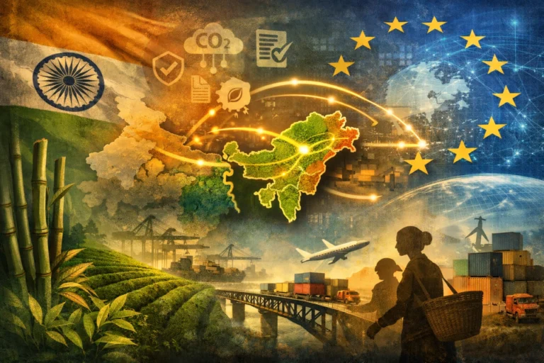 Abstract illustration showing North East India highlighted as a green trade hub connecting India and the European Union, with trade routes, bamboo, tea plantations, logistics infrastructure, and sustainability symbols representing the India–EU trade deal.