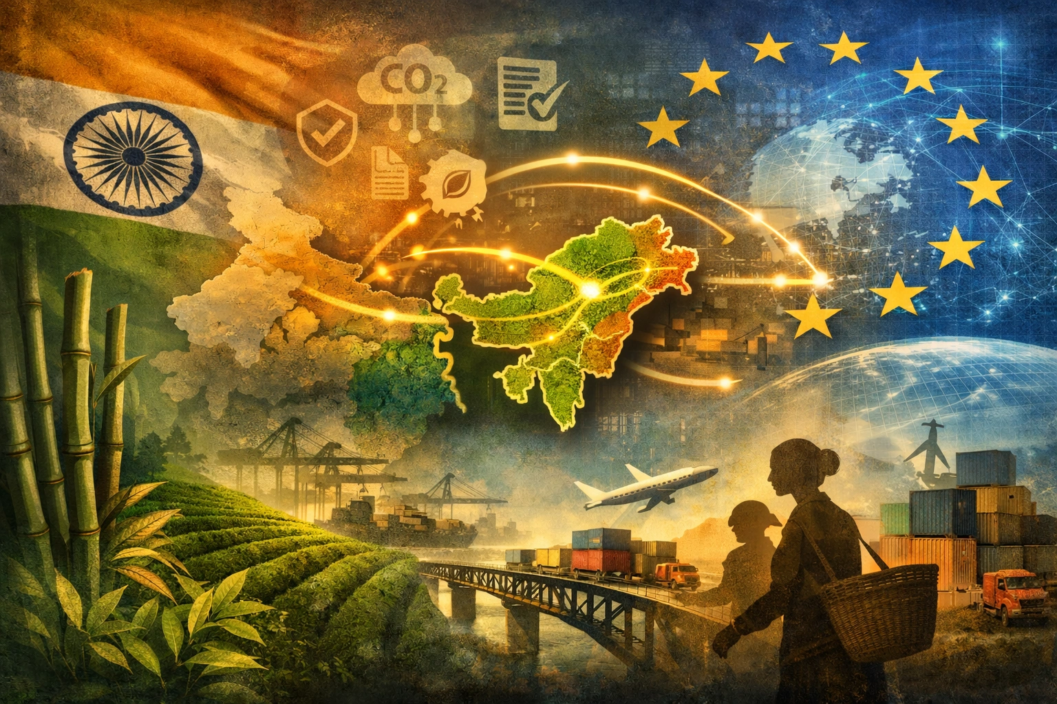 Abstract illustration showing North East India highlighted as a green trade hub connecting India and the European Union, with trade routes, bamboo, tea plantations, logistics infrastructure, and sustainability symbols representing the India–EU trade deal.