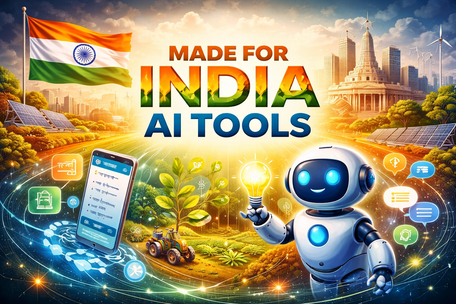 Illustration showing “Made for India AI Tools” with the Indian flag, a friendly AI robot holding a light bulb, a smartphone with Indian language text, agriculture and clean energy icons, and a modern Indian cityscape symbolising India-first artificial intelligence.