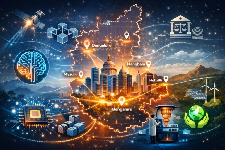 A futuristic illustration of Karnataka with Bengaluru at the center, innovation hubs radiating outward, overlaid with icons of AI, chips, governance, and sustainability.