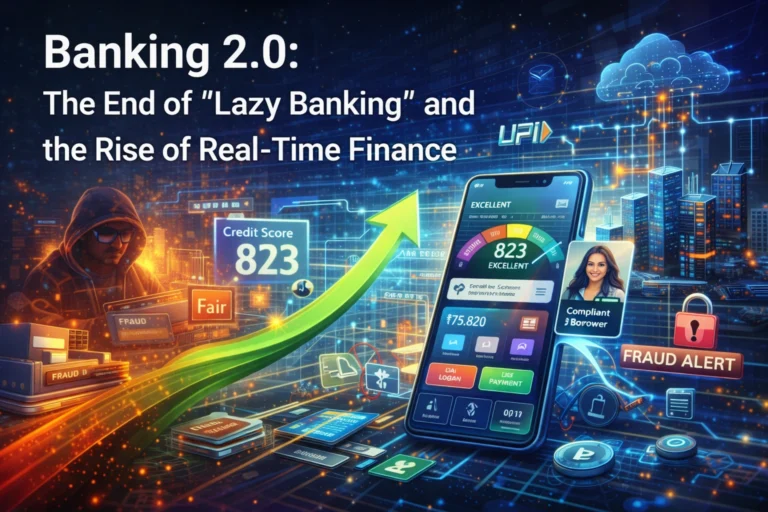 Abstract illustration of India’s Banking 2.0 transformation, showing real-time digital finance, data-driven credit monitoring, and the shift toward transparent, technology-led banking.