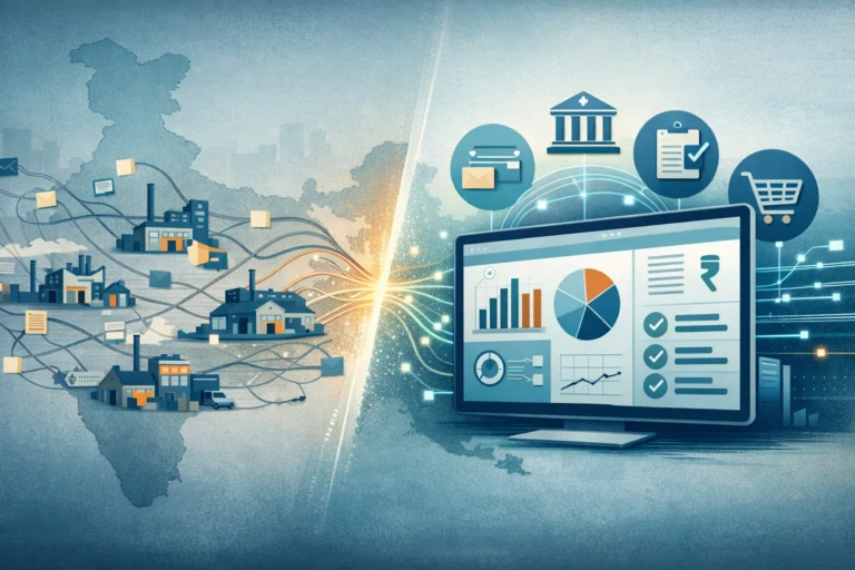 Illustration showing India’s MSME sector moving from fragmented schemes toward a unified digital governance platform.