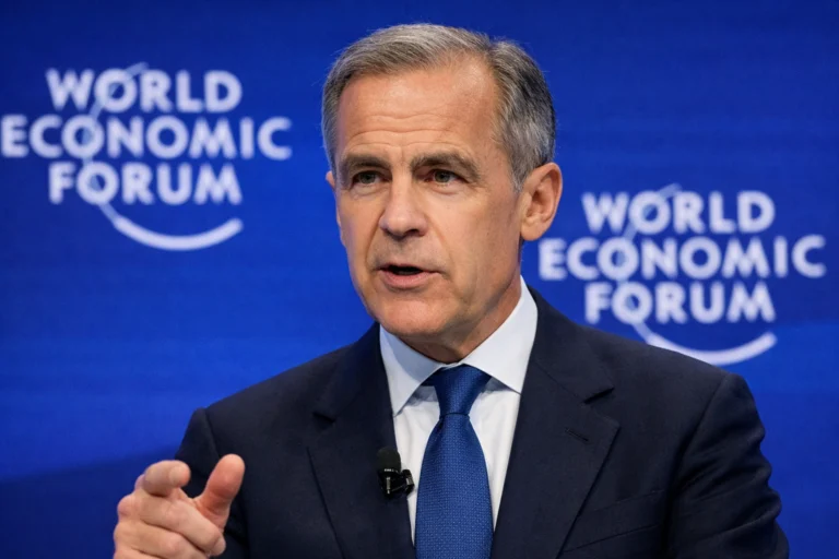 Mark Carney speaking at the World Economic Forum in Davos, addressing global leaders on the changing world order and economic fragmentation.
