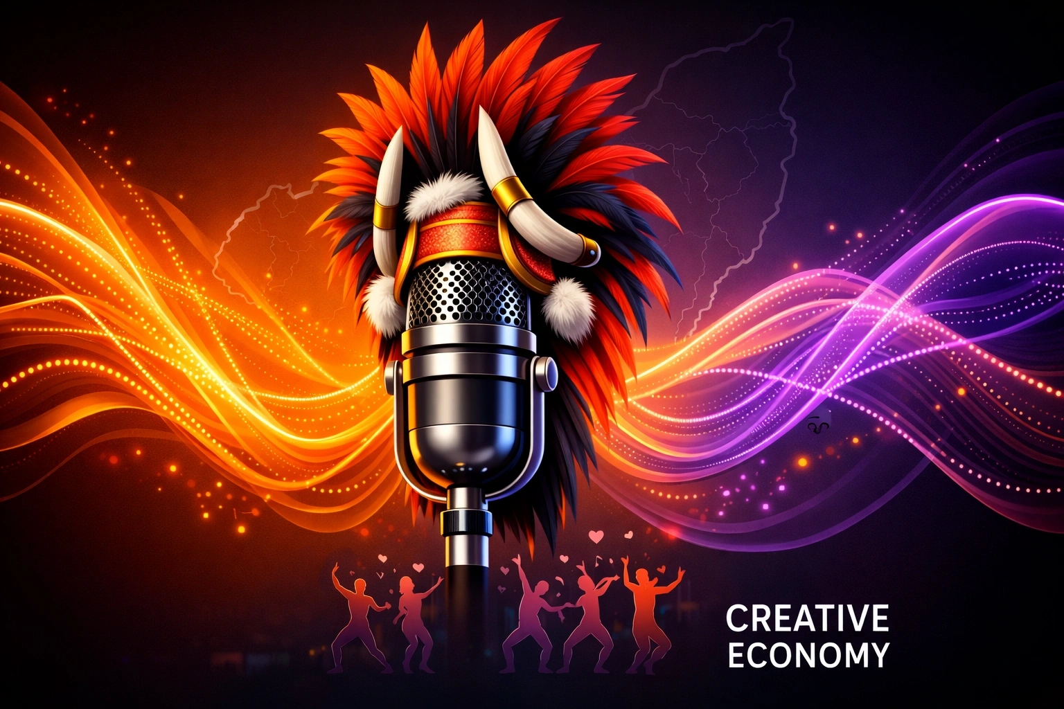 Abstract digital artwork depicting the creative economy, featuring a silver microphone fused with traditional Naga feathered headgear, surrounded by glowing orange and violet sound-wave data streams with a subtle outline of Nagaland’s map in the background.