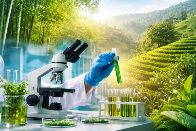 Abstract collage showing a biotechnology laboratory with test tubes and a microscope blended into lush bamboo forests and tea plantations, symbolising innovation-driven use of bio-resources in North East India.