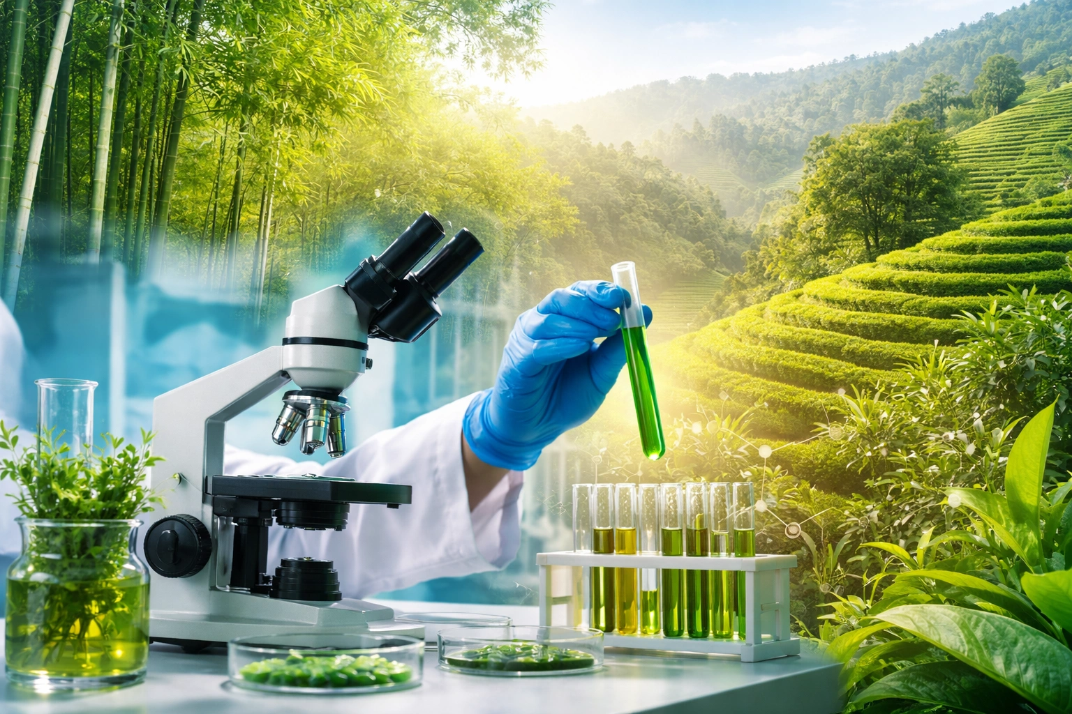 Abstract collage showing a biotechnology laboratory with test tubes and a microscope blended into lush bamboo forests and tea plantations, symbolising innovation-driven use of bio-resources in North East India.