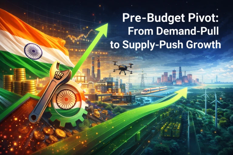 Abstract illustration of India’s pre-Budget shift toward supply-side growth, showing manufacturing, infrastructure, and rising investment symbolised by an upward growth arrow.
