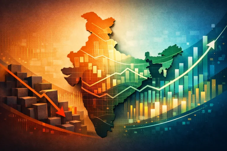 Abstract visual representing India’s state debt, GDP growth, and fiscal policy challenges.