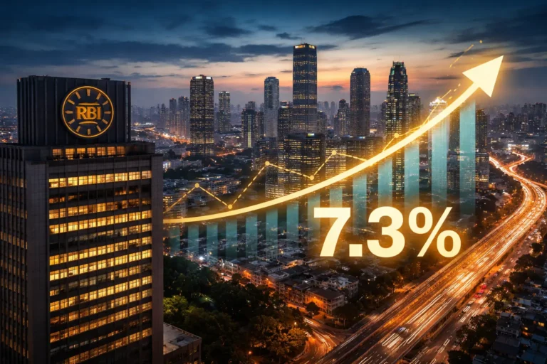 Reserve Bank of India headquarters overlooking Mumbai skyline with an upward economic growth graph symbolizing India’s 7.3% GDP growth and lower interest rates.