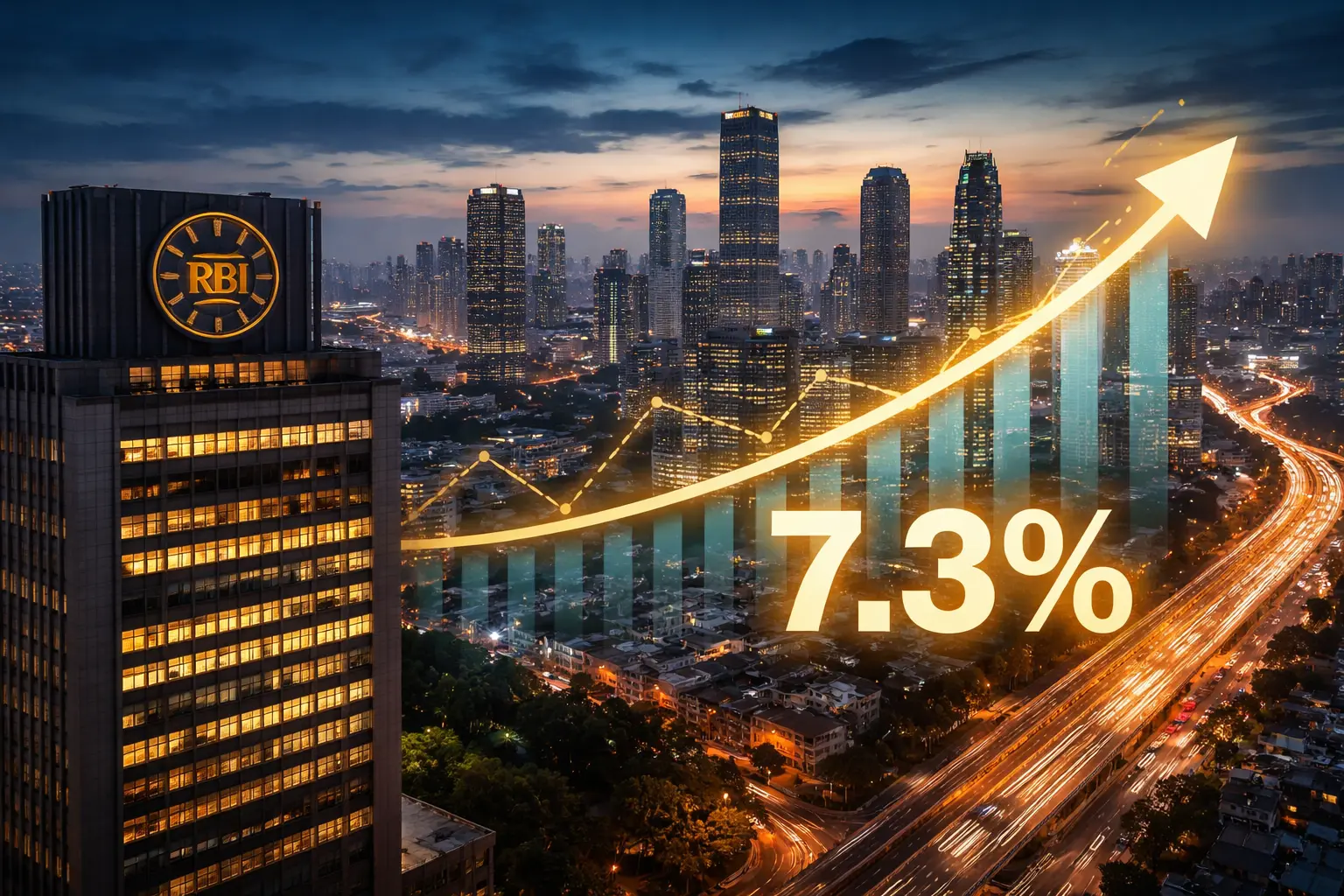 Reserve Bank of India headquarters overlooking Mumbai skyline with an upward economic growth graph symbolizing India’s 7.3% GDP growth and lower interest rates.