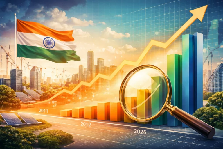 Abstract illustration showing India’s evolving economy with rising bar charts, a magnifying glass, digital grids, and modern infrastructure symbolizing GDP recalibration from 2011 to 2022–23.