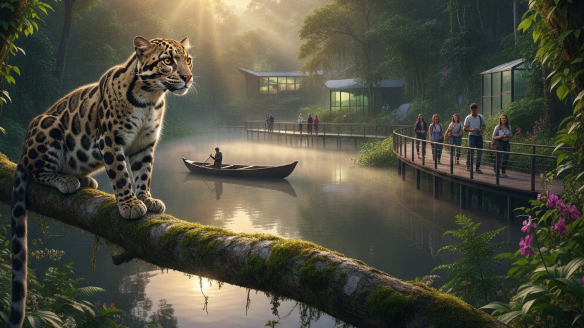 Clouded leopard perched on a tree branch overlooking a misty lake and elevated boardwalk at Sepahijala Wildlife Sanctuary in Tripura, with visitors exploring a modern eco-tourism setting.