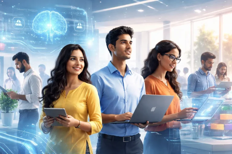 Illustration showing young professionals in India engaging with artificial intelligence and digital learning technologies, representing the Skill the Nation initiative.