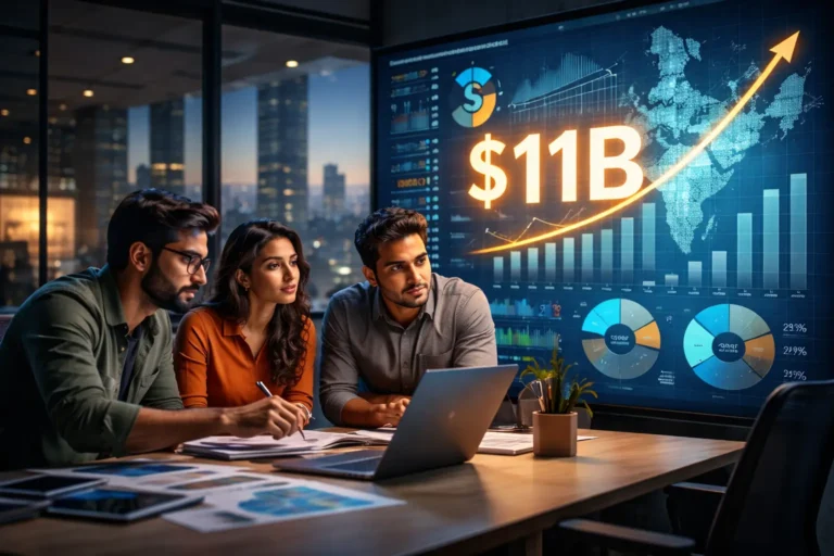 Indian startup founders in a modern office reviewing venture capital data on a digital screen, illustrating India’s $11 billion startup funding landscape in 2025.