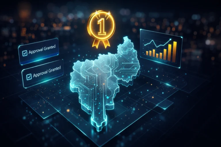 3D isometric illustration of Tripura’s map rendered in frosted glass with glowing cyan circuit lines, a floating golden Number 1 trophy above it, and digital UI elements showing approvals and rising charts against a dark navy business-themed background.