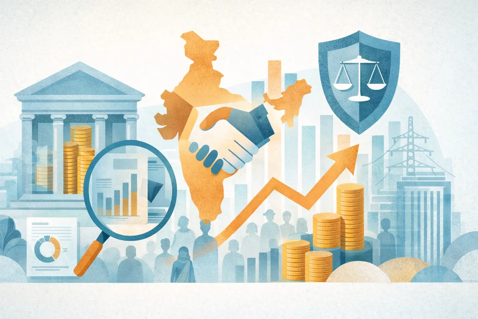 Abstract editorial illustration symbolising India’s fiscal system and public trust, featuring governance, transparency, public services, and economic growth in muted blue and saffron tones.