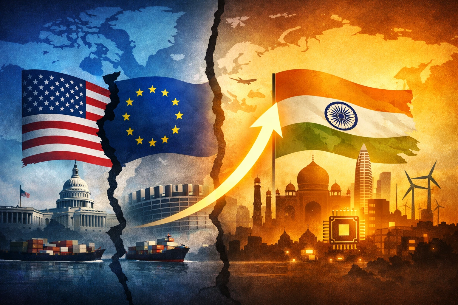 Abstract illustration showing a divided transatlantic landscape with U.S. and EU symbols on one side and India on the other, highlighting shifting global trade dynamics and India’s emerging role as a strategic economic partner.