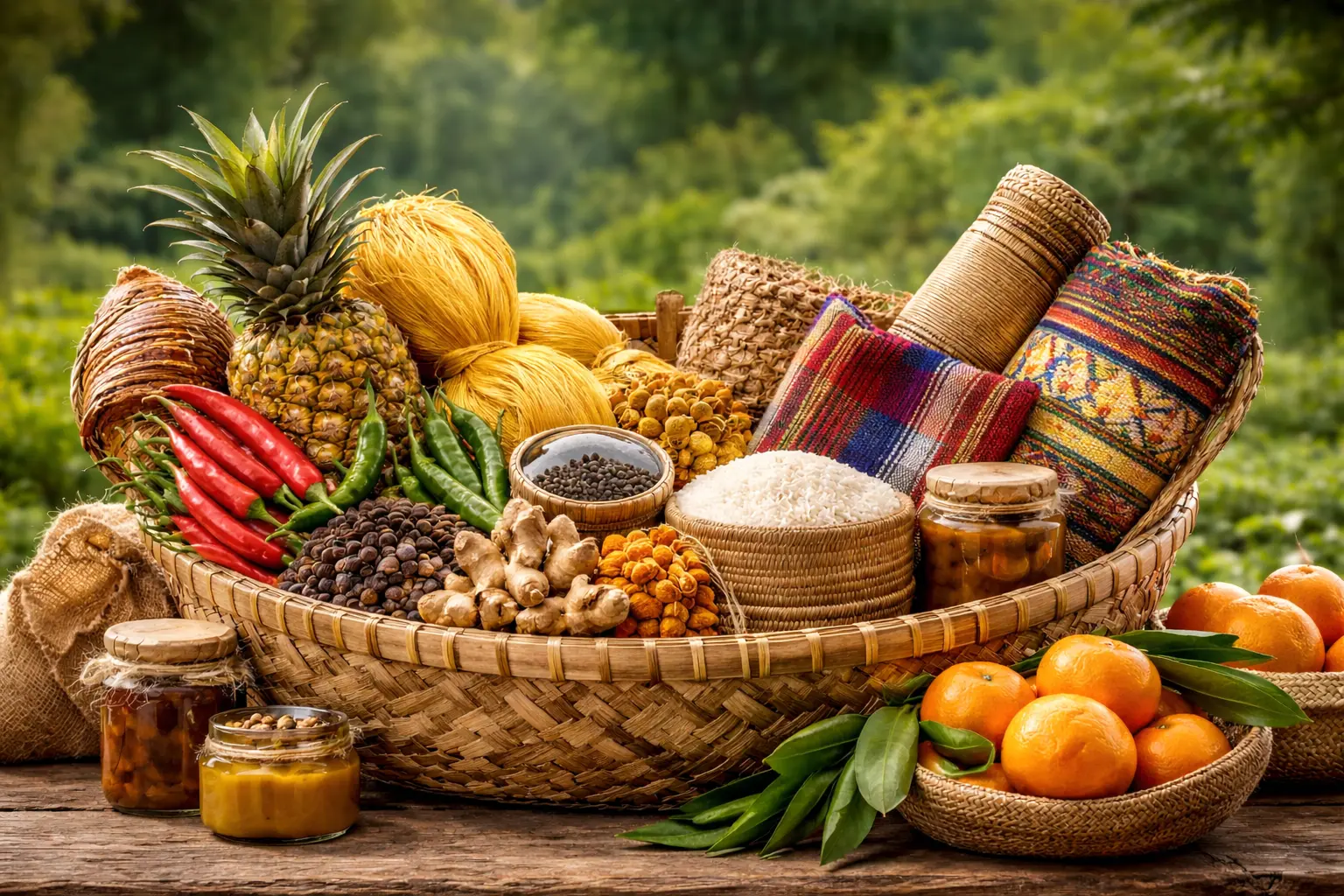 A woven bamboo basket filled with GI-tagged products from Northeast India, including handwoven textiles, pineapples, turmeric, ginger, rice, spices, and traditional preserves, symbolizing the region’s rich agricultural and artisanal heritage.