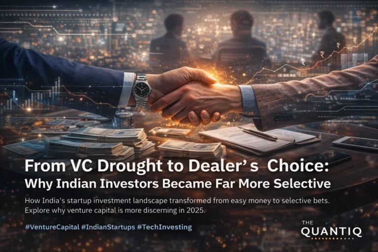 Venture capitalist and startup founder shaking hands across a table with financial data overlays, representing selective venture capital investment in India’s startup ecosystem.