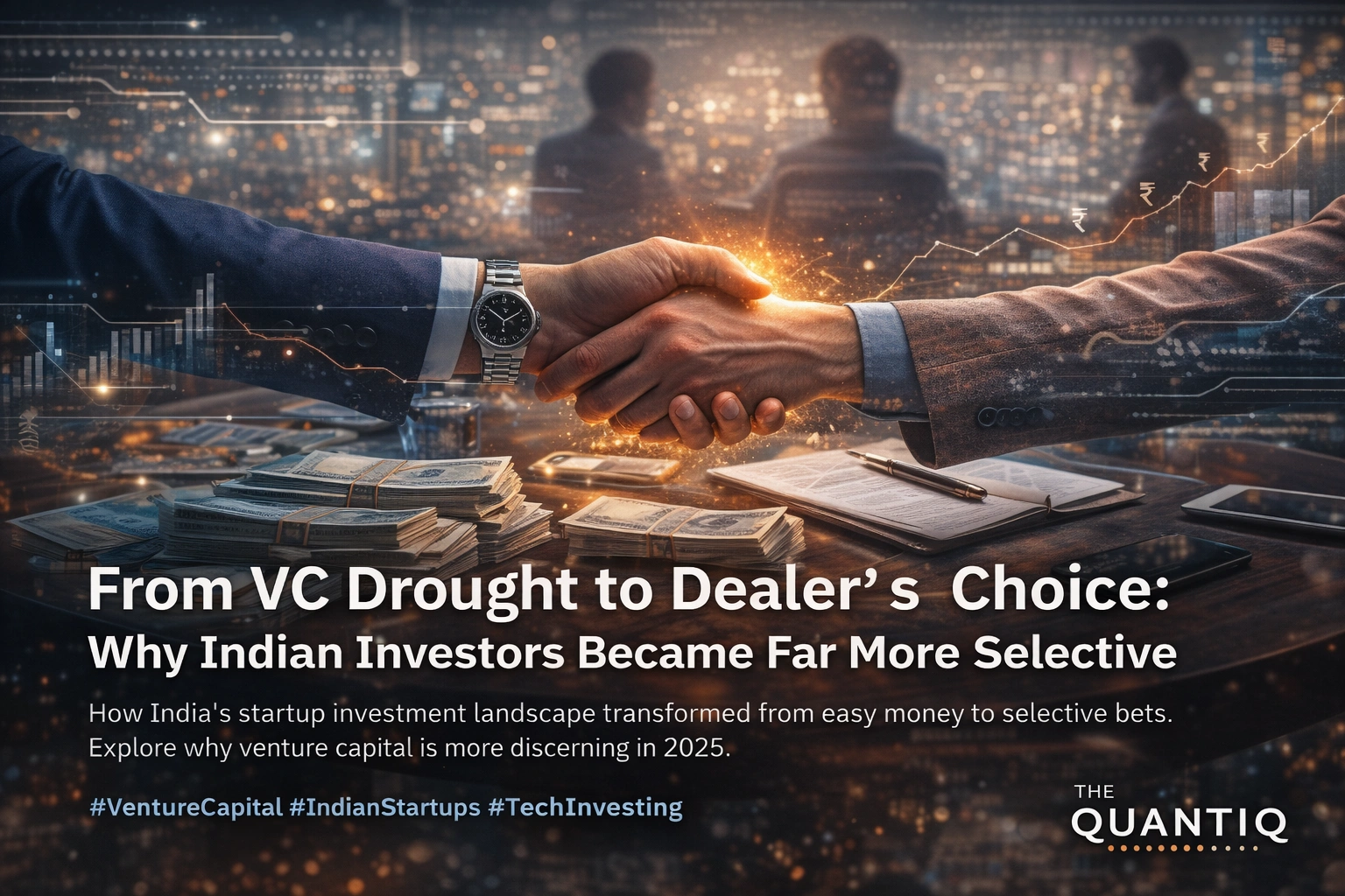 Venture capitalist and startup founder shaking hands across a table with financial data overlays, representing selective venture capital investment in India’s startup ecosystem.