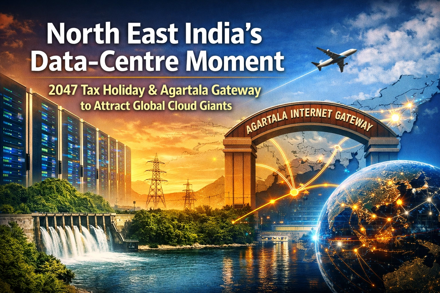 Illustration showing a modern data centre campus in North East India alongside a symbolic Agartala International Internet Gateway, with glowing fibre-optic connections linking the region to a digital world map—representing global cloud connectivity, green energy, and the region’s emerging role as a low-latency data-centre hub.