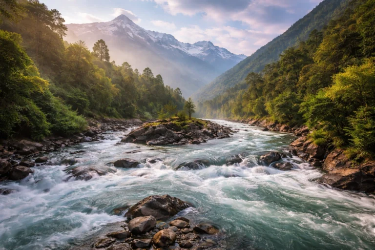 Scenic mountain river flowing through lush forest and snow-capped peaks in Arunachal Pradesh, showcasing the region’s pristine natural beauty