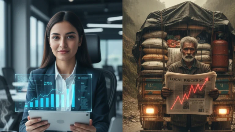 Conceptual image of a golden scale balancing a bowl of food against a sad theatrical mask, with a glowing red arrow showing a 0.70% CPI increase in the background.