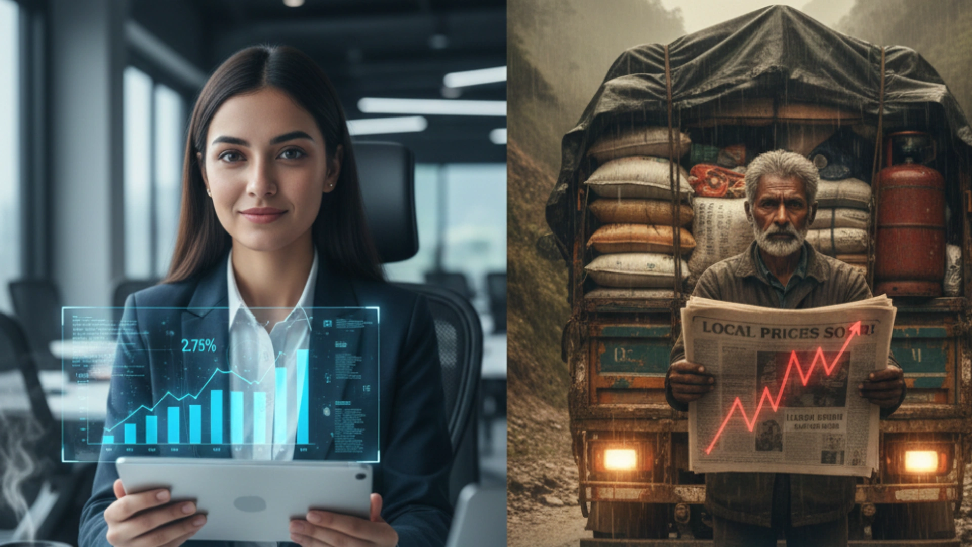 Conceptual image of a golden scale balancing a bowl of food against a sad theatrical mask, with a glowing red arrow showing a 0.70% CPI increase in the background.