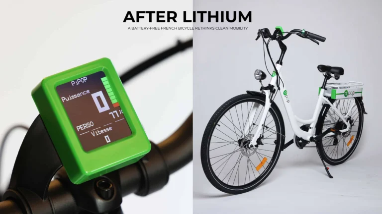 Battery-free Pi-Pop electric-assist bicycle parked along the Seine in Paris at sunset, illustrating supercapacitor-based clean mobility without lithium batteries.