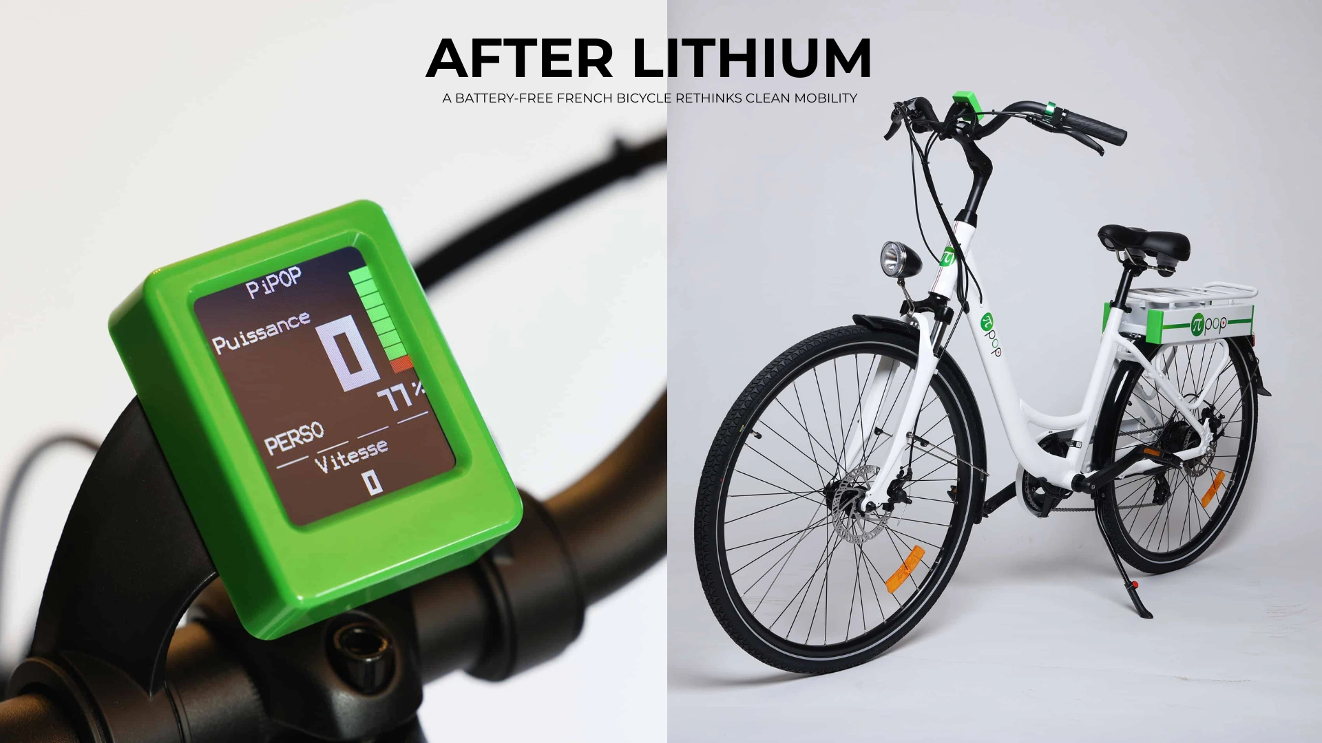 Battery-free Pi-Pop electric-assist bicycle parked along the Seine in Paris at sunset, illustrating supercapacitor-based clean mobility without lithium batteries.