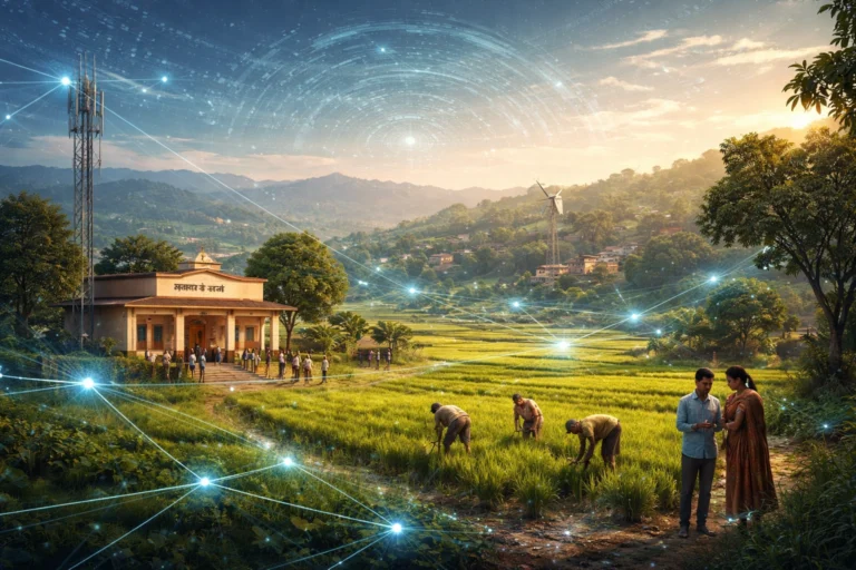 Conceptual illustration of artificial intelligence integrated into rural India’s governance and development ecosystem, symbolising digital public infrastructure and inclusive technology.