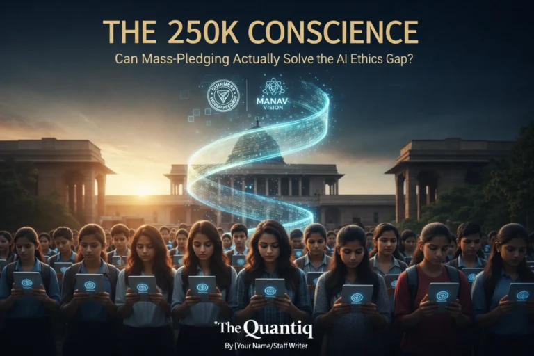 A group of young Indian students stand in front of a grand government building, holding tablets as a glowing digital AI spiral rises into the sky, symbolizing mass participation in responsible AI use, beneath the headline “The 250K Conscience.