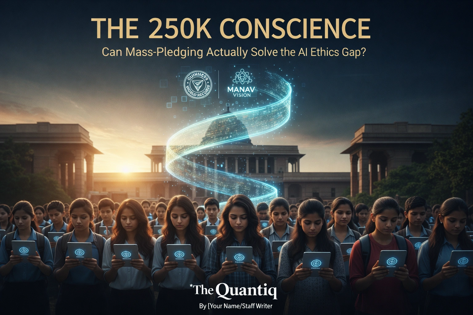 A group of young Indian students stand in front of a grand government building, holding tablets as a glowing digital AI spiral rises into the sky, symbolizing mass participation in responsible AI use, beneath the headline “The 250K Conscience.