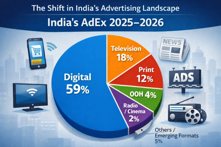 “Pie chart showing India’s advertising expenditure share by media category in 2025–2026, with Digital advertising leading at 59%, followed by Television at 18%, Print at 12%, Out-of-Home at 4%, and Radio/Cinema at 2%, illustrating the shift in India’s advertising landscape.
