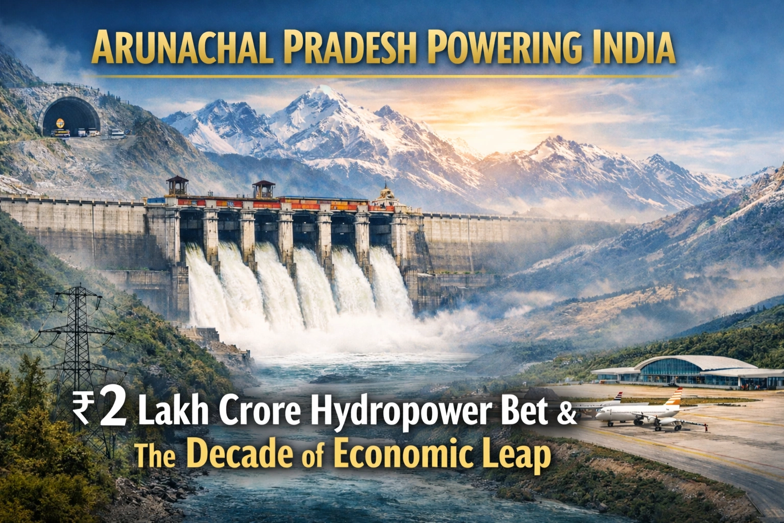 Hydropower dam in Arunachal Pradesh with mountains, power lines, and infrastructure symbolizing the state’s clean energy and economic growth push.