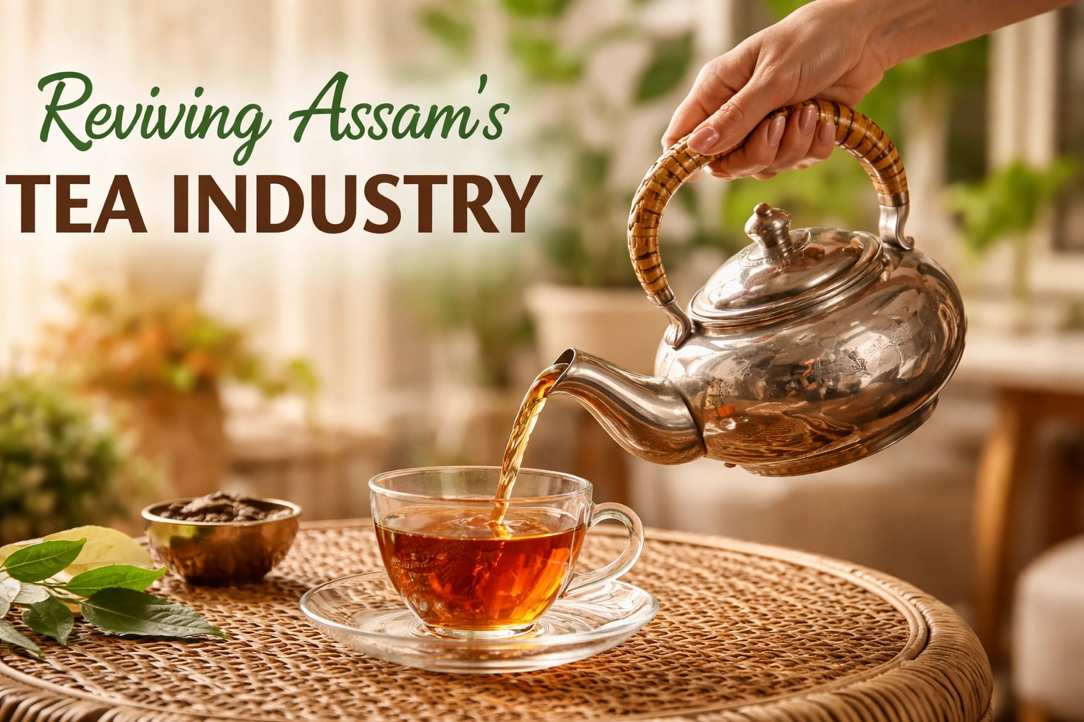Close-up of black Assam tea being poured from a silver kettle with cane handle into a glass cup on a rattan table, symbolizing revival of Assam’s tea industry
