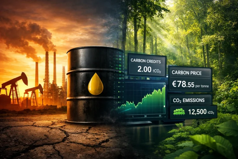 Digital illustration contrasting an oil refinery and barrel with a forest and carbon credit dashboard, symbolising the shift from fossil fuel economy to carbon pricing and climate finance.