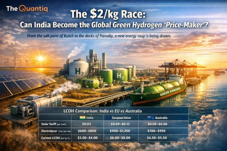Featured image for The Quantiq article titled “The $2/kg Race: Can India Become the Global Green Hydrogen ‘Price-Maker’?” showing a large-scale green hydrogen ecosystem — solar panels and wind turbines on one side, hydrogen storage tanks and electrolyzer units in the center, and a port terminal loading a green ammonia cargo ship at sunset — with an overlay comparison of India, EU, and Australia on solar tariffs, electrolyzer costs, and current LCOH benchmarks.