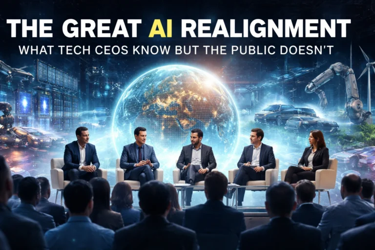 Futuristic AI summit showing technology leaders on stage with digital globe, robotics, data centers, and autonomous vehicles symbolizing the global realignment of artificial intelligence.