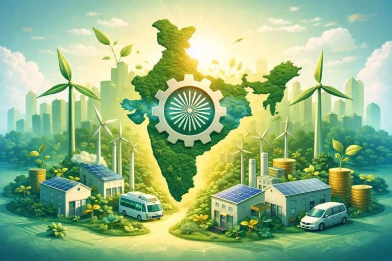 Illustration of India’s MSME sector transitioning to green energy, with renewable power, clean industry, and sustainable growth symbols.