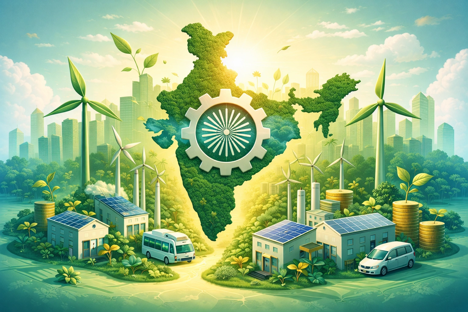 Illustration of India’s MSME sector transitioning to green energy, with renewable power, clean industry, and sustainable growth symbols.