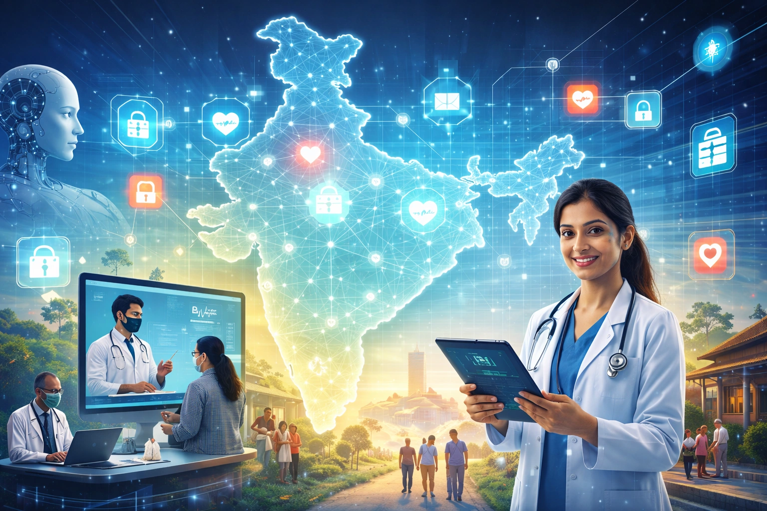 Illustration showing India’s digital health ecosystem, with doctors using telemedicine and electronic health records, a connected map of India, and health-tech icons representing AI, data security, and modern healthcare delivery.