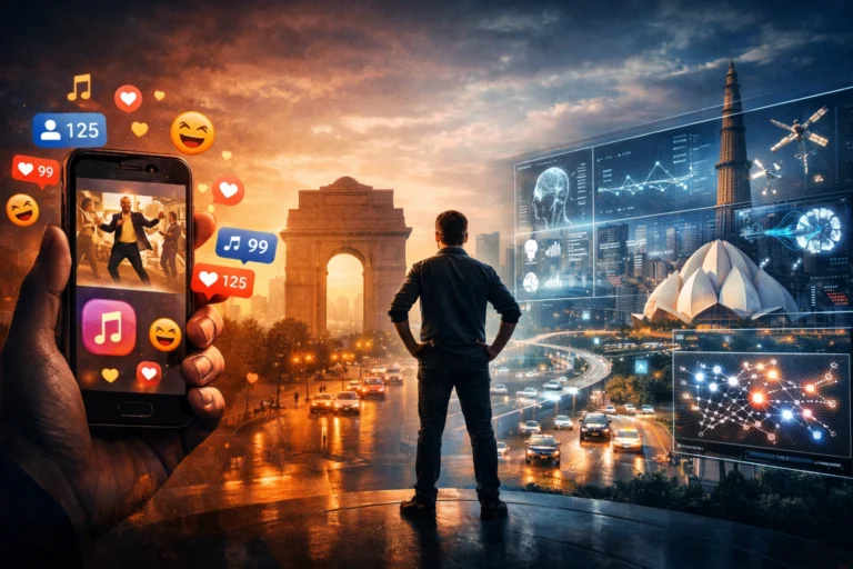 Editorial illustration contrasting trivial AI use on a smartphone displaying memes and likes with transformative AI applications, where a person observes holographic healthcare analytics, smart transport networks, and scientific simulations with a New Delhi skyline in the background.