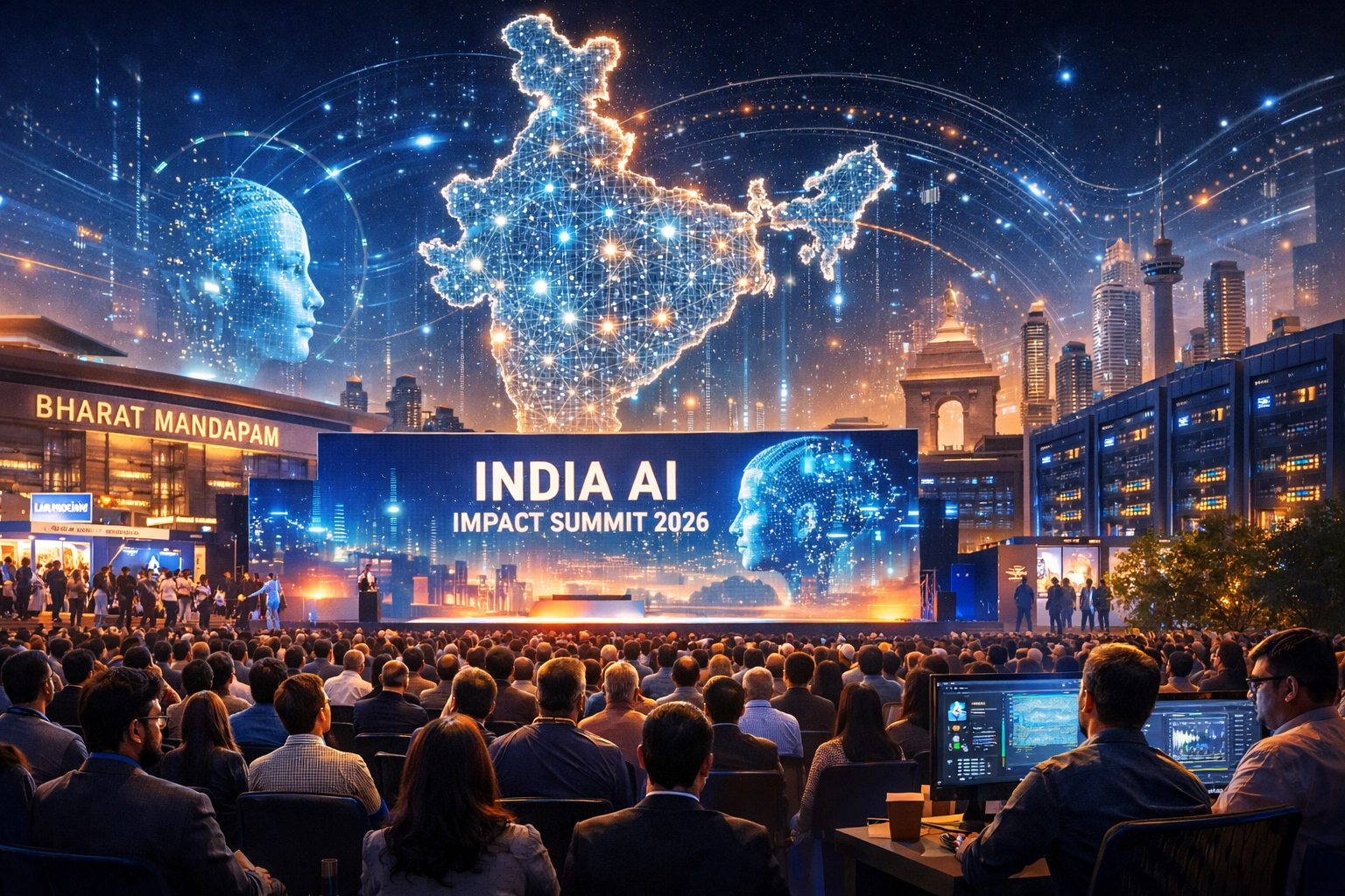 Delegates attend the India AI Impact Summit 2026 at Bharat Mandapam, New Delhi, with digital AI visuals and a glowing map of India symbolizing the country’s global technology ambitions.